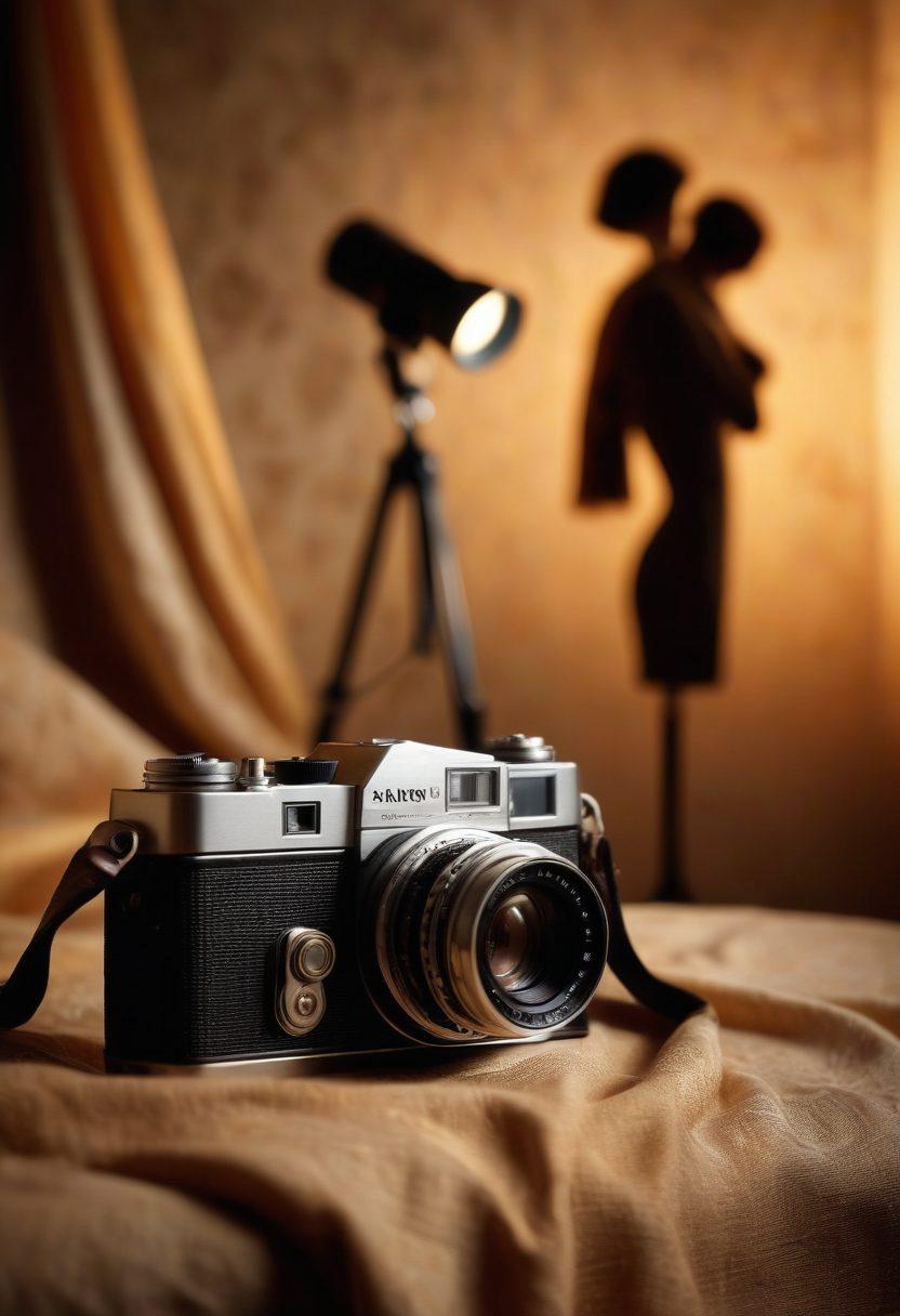 A close-up photograph of a vintage camera resting on a textured fabric backdrop, with soft, warm lighting illuminating the lens and creating an ethereal glow. In the background, subtle silhouettes of models in various poses suggestive of sensuality, alluding to the adult entertainment theme without explicitness. The overall mood should evoke a sense of intimacy and artistry. super-realistic. warm tones. soft focus.